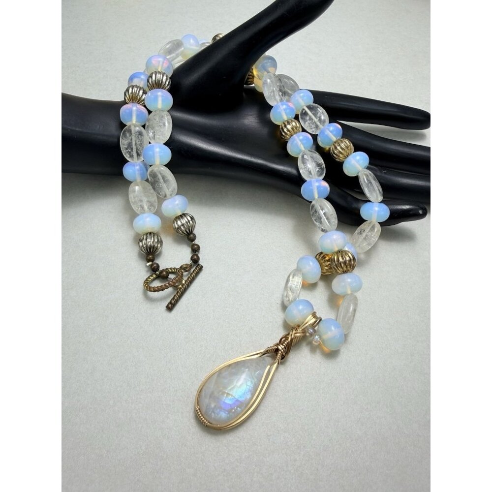 Rainbow Moonstone Teardrop Pendant Necklace Opalite Quartz Gold Wire Wrapped